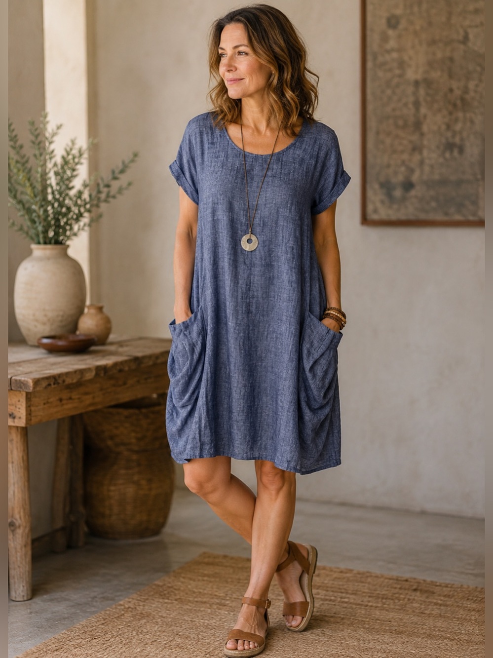Studio One New York 1X Linen Blend Lagenlook Blue Pocket Dress Artsy